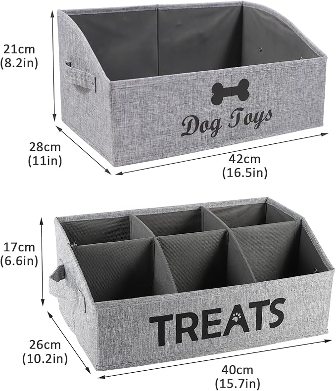 2pack Dog Storage Organizer,Trapezoid Dog Toy Basket,Dog Treat Container with handle,Collapsible Fabric Storage Box for Dog Toys and Dog Treats,Dog Treat Station with removable dividers-Grey