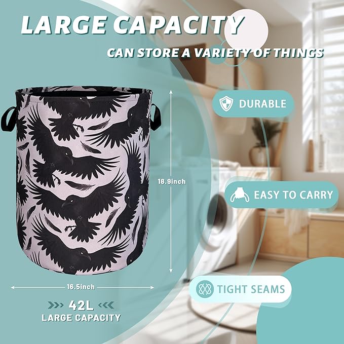 Black Birds With Feathers Laundry Hamper With Handles Foldable Oxford Cloth Goth Style Tote Bag Funny Laundry Basket Clothes Toy Storage Bucket 18.9"x16.5" For Bathroom/Laundry/Bedroom
