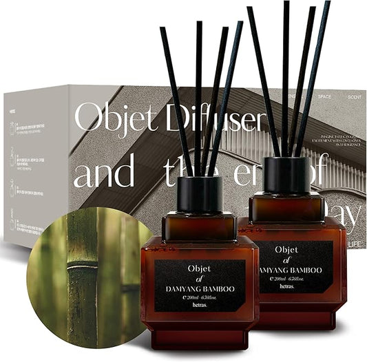 hetras Objet Diffuser Gift Set 6.7 fl.oz. 2 Pack | Damyang Bamboo - Fresh Forest & Herb Scent | Long-Lasting Scented Room Fresheners with 8 Reed Sticks for Home Fragrance Bedroom Bathroom Shelf Décor
