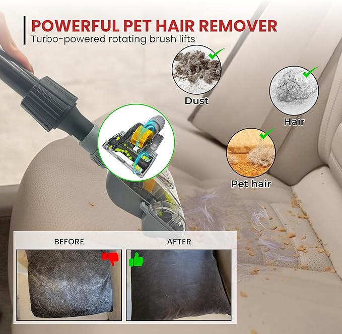 1-1/4'' Vacuum Turbo Brush Attachment for Pet Hair Removal – Fits Shop Vacs 1.25”(32mm) Hoses with Adapter– Air Driven Turbo Brush Compatible with Most Vacuum Cleaners Outer Diameter Hose 1-1/4