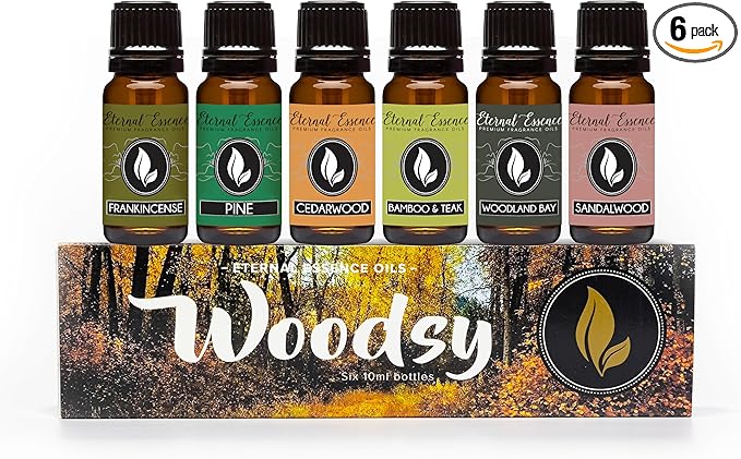 Eternal Essence Oils Woodsy Premium Fragrance Oils Set - Including Pine, Cedar Wood, Sandalwood, Bamboo & Teak, Woodland Bay and Frankincense - Rustic and Woody Scented Oils (6 Pack)
