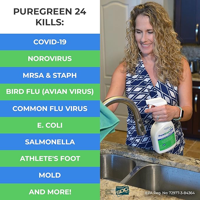 PureGreen24 Safe & Effective Disinfectant. Kills Deadly Germs including RSV COVID-19 Norovirus MRSA Staph 2025 flu Bird flu Contains no toxic chemicals odorless child & pet safe 1 32oz