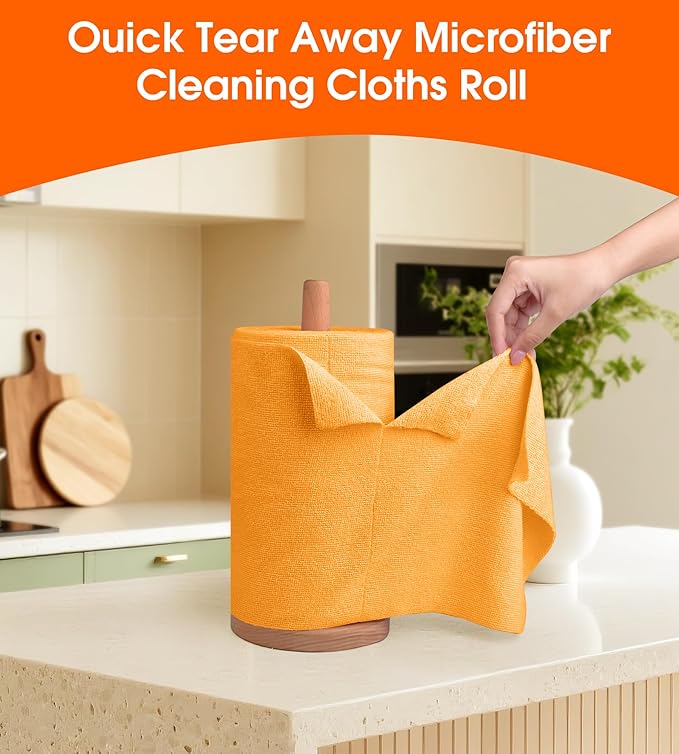 Roll of Microfiber Cleaning Cloth –100 Pack, Tear Away Microfiber Towels, Reusable, Washable, Scratch-Free, Cleaning Supplies, Kitchen Towels for Car, Home, Kitchen (Tangerine Yellow)