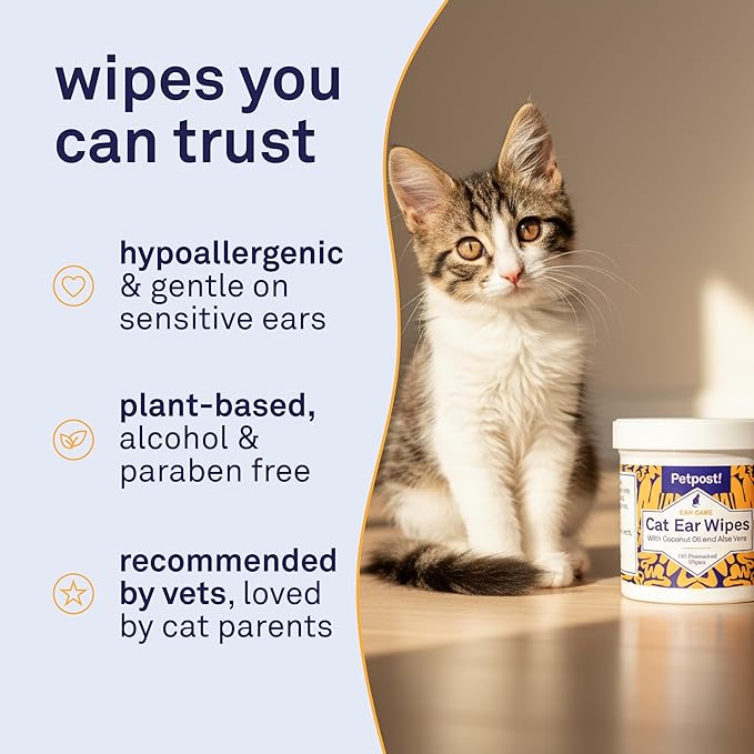 Petpost | Cat Ear Cleaner Wipes - Ultra Soft Cotton Pads in Coconut Oil Solution - Treatment for Removing Cat Ear Dirt & Wax 100 ct.