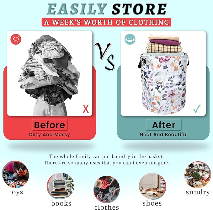 Watercolor Floral Laundry Basket Foldable With Handles Tote Bag Oxford Cloth Cute Flowers Laundry Hamper Clothes Storage Bucket Toy Organizer 18.9" x 16.5" For Bathroom/Laundry/Bedroom