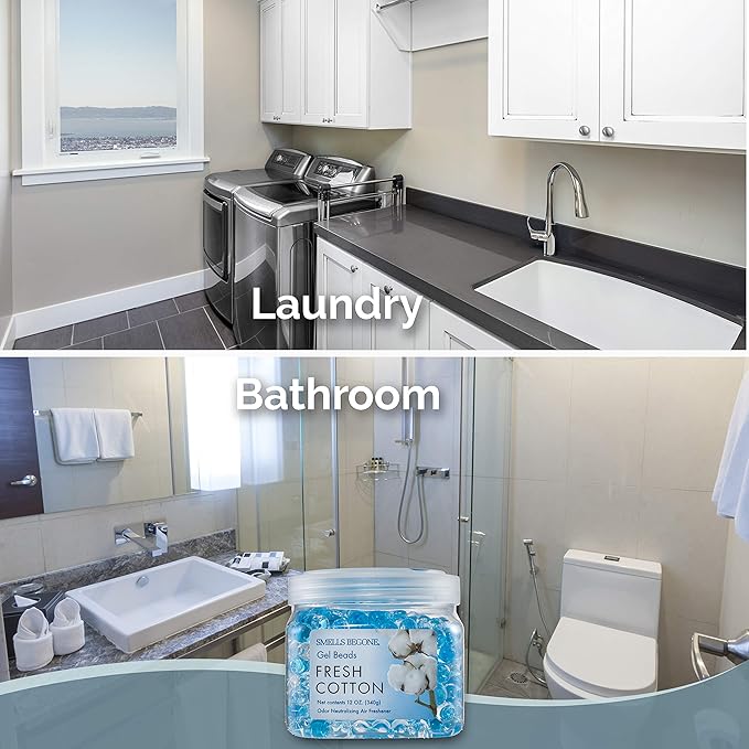 SMELLS BEGONE Odor Eliminator Gel Beads - 12 oz, Pack of 2 - Eliminates Odor in Bathrooms, Cars, Boats, RVs & Pet Areas - Air Freshener - Made with Essential Oils - Fresh Cotton Scent