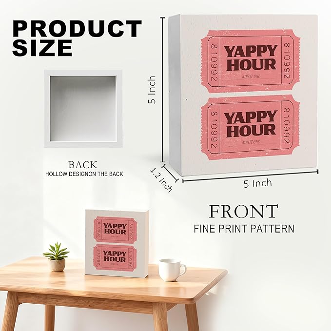 Yappy Hour Dog Party Bar Wooden Box Sign, Dog Lover Gifts, Retro Pink Ticket Pet Wood Signs for Bar Pub Cafe Restaurant Party Desk Table Shelf Decorations, 5x5 Inch