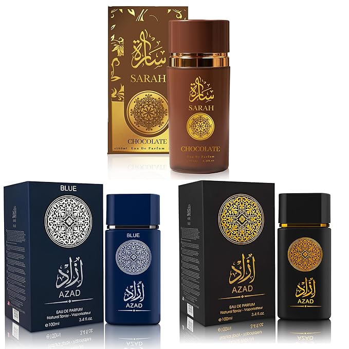 3Pack Men Colognes Combo Set AZAD,AZAD Blue,Sarah Chocolate 3.4 Fl Oz Each Eau De Parfume Spray with Woody Floral & Fruity Scent Perfume Gift Set Day to Night Use Fragrances