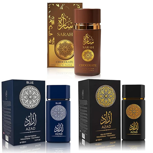 3Pack Men Colognes Combo Set AZAD,AZAD Blue,Sarah Chocolate 3.4 Fl Oz Each Eau De Parfume Spray with Woody Floral & Fruity Scent Perfume Gift Set Day to Night Use Fragrances