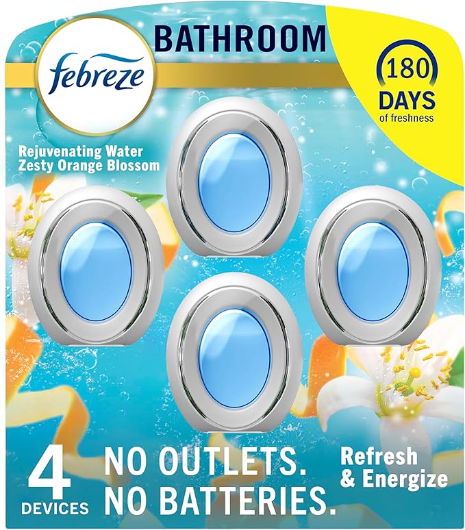 Febreze Bathroom Air Freshener, Odor-Fighting, Plug In Alternative, Air Fresheners for Home and Bathroom and Kitchen, Closet Air Fresheners, Refresh & Energize Scent, 4 Count