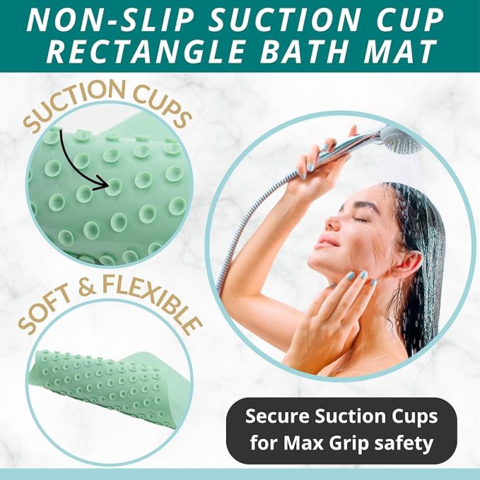 ENKOSI Non Slip Shower Mat – Bath Mat for Tub and Shower Floors – Anti Slip Bathtub Mat with Strong Suction Cup Grip – Soft, Green Bathroom Mat for Inside Bath and Shower Floors (28x16 Aqua Green)
