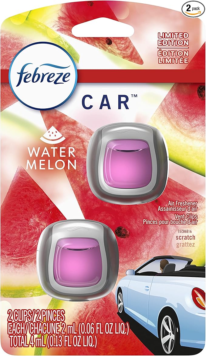 Febreze Vent Clip Car Air Freshener, Odor Eliminator, Watermelon Scent, 2 CLIPS