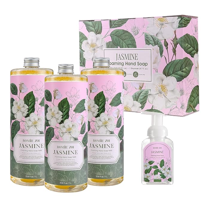 ROMIIE ZOI Natural Jasmine Foaming Hand Soap Refills 3-Pack (33.8 Fl Oz Each) with Dispenser - Plant-Based, Non-Toxic, Large Volume for Kitchen, Bathroom - Great Value Gift Set for Housewarming