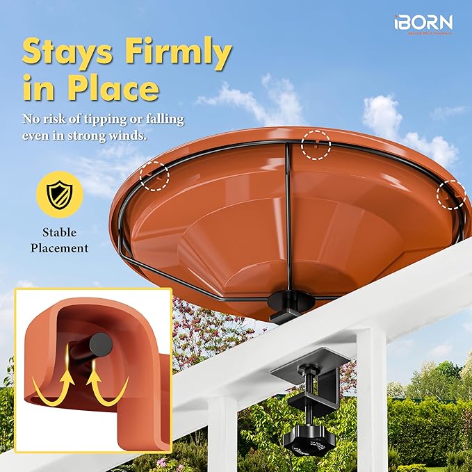 iBorn Bird Bath,Deck Mounted Bird Baths 12inch,Birdbath for Outside with Clamp 3.2inch,BPA-Free Bowl,Chew-Proof,Fully Detachable Design,Easy Clean & Refill,Terracotta,1 Pack（Not Include Fountain）