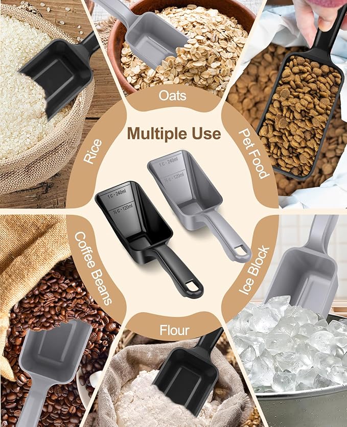 2-Pack Dog Food Scoop 1 Cup, Plastic Pet Food Measuring Scoop With Measuring Lines (1/2 & 1 Cup Markings) for Dogs, Cats, Fish, Bird（Black and Grey)