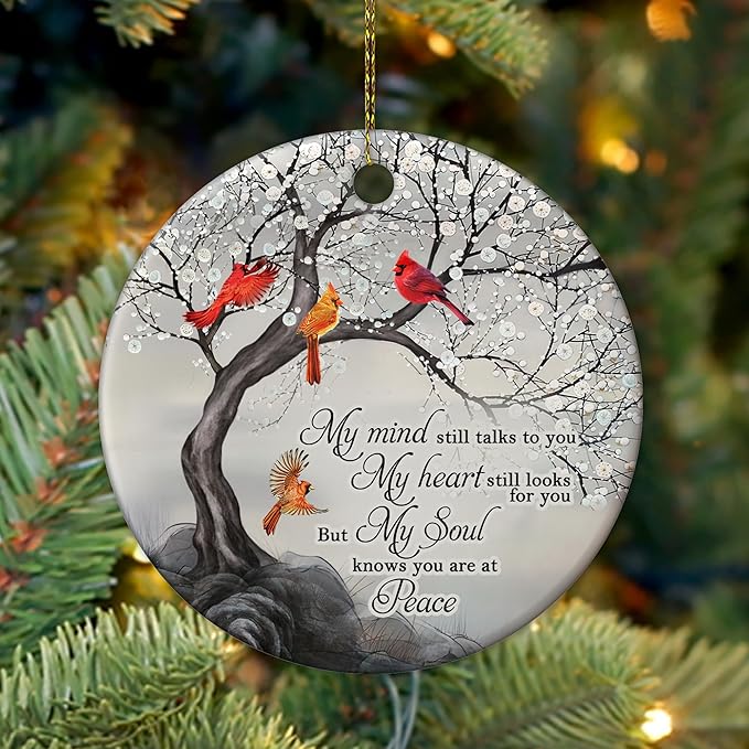 HYTURTLE My Mind Still Talks to You Cardinal Circle Ceramic Ornament - Memorial Christmas Ornament Gifts for Loss of Loved One in Heaven - Memorial Hanging Home Decorations Ornaments - 3' Inch