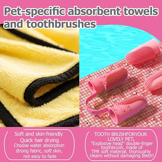 Dog Bath Brush 5 in 1 Grooming Kit - with Detachable Shampoo Dispenser & Dental Finger Cots, Gentle Pet Wash Tool for Dogs Puppies Cats, No-Slip Grip (Blue, Pink, Black)
