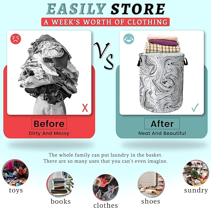 Black and White Marble Texture Laundry Basket Foldable With Handles Tote Bag Oxford Cloth Funny Laundry Hamper Clothes Storage Bucket Toy Organizer 18.9"x16.5"For Bathroom/Laundry/Bedroom