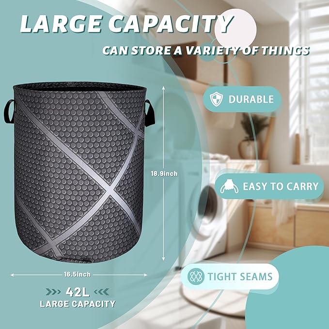 Basketball Grey Texture Laundry Hamper With Handles Foldable Oxford Cloth Tote Bag Cool Sports Theme Laundry Basket Clothes Toy Storage Bucket 18.9" x 16.5" For Bathroom/Laundry/Bedroom
