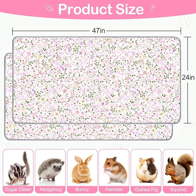 Bienbee Guinea Pig Bedding, 2 Pack 47" x 24" Reusable Guinea Pig Cage Liner Waterproof and Absorbent Small Animal Bedding Washable Pee Pads for Small Pet Hamster Rabbit Squirrel, Light Pink