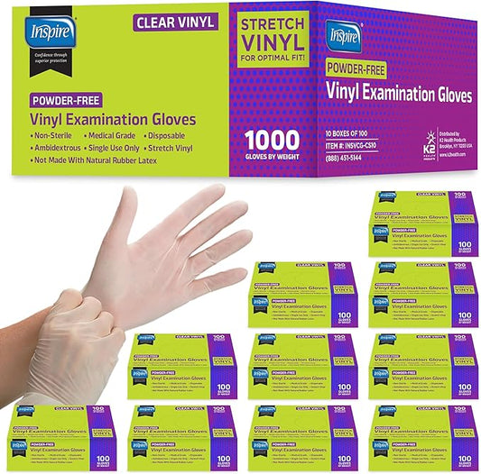 Inspire Exam Medical Clear Vinyl Disposable Gloves - Latex Free for Cleaning, Food Prep