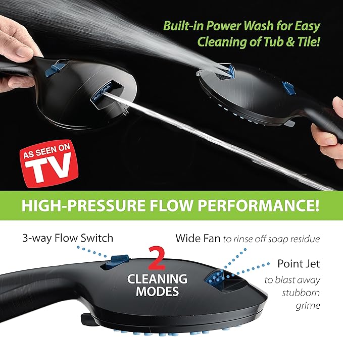 Hotel Spa AquaCare As-Seen-On-TV High Pressure 48-setting Rain & Handheld 3-way Shower Head Combo - Anti-clog Nozzles/Tub, Tile & Pet Power Wash/Extra Long 6 ft. Hose/Matte Black Finish
