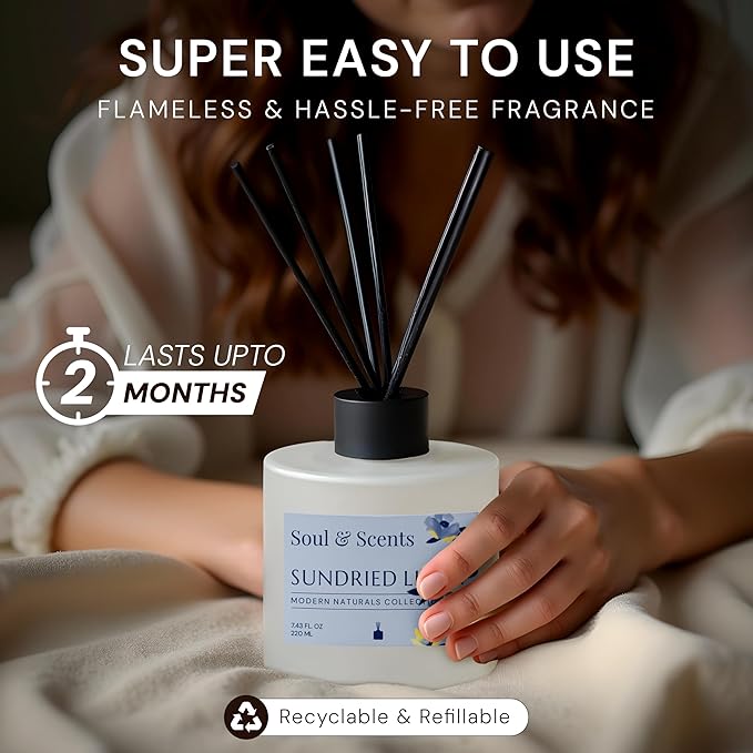 Soul & Scents Reed Diffuser Set – Sundried Linen | 7.43 oz Refillable Scented Oil with 6 Fiber Sticks | Long-Lasting Home Fragrance & Air Freshener for Bedroom, Bathroom, Office | Gift & Décor Piece