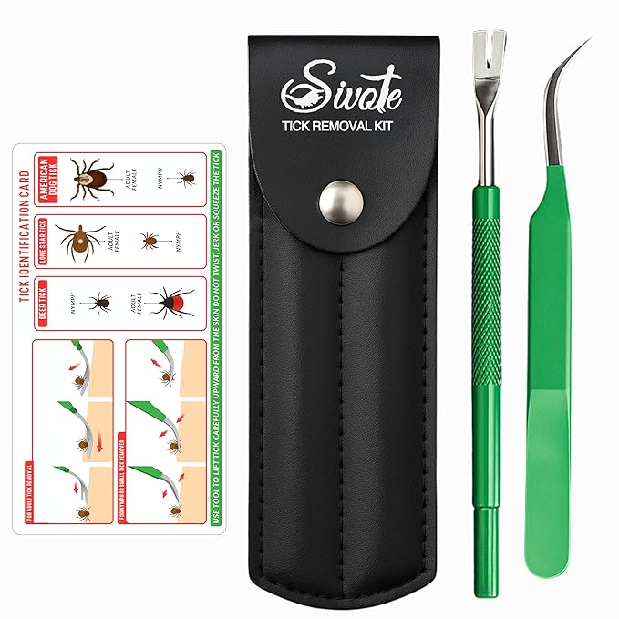 SIVOTE Premium Tick Remover Kit – Stainless Steel Tick Removal Tool & Tweezers with Leather Case and Pocket Tick Identification Card – Safe for Humans and Pets