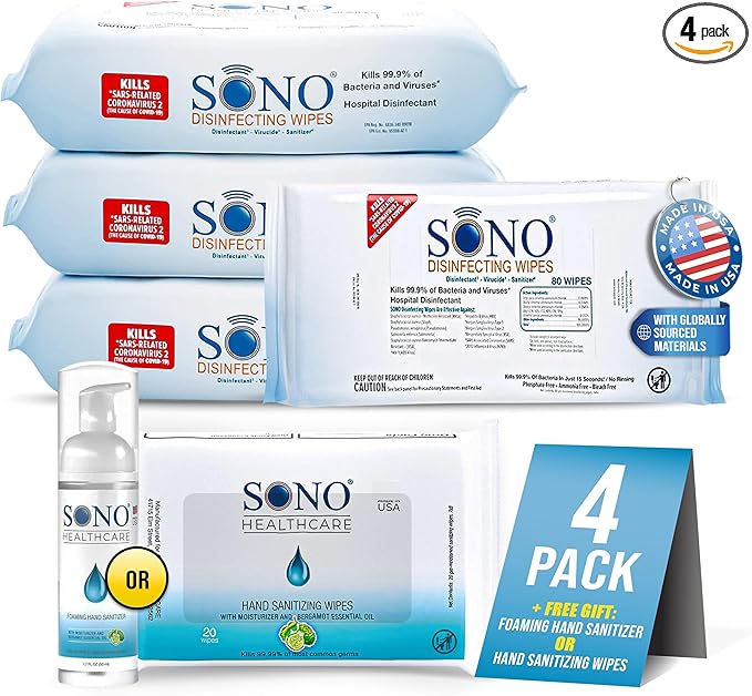 SONO Disinfecting Wipes - Antibacterial, No Alcohol & Bleach, Medical-Grade, All-Purpose - School, Household, Dorm, Salons, Spas, Wellness & Yoga Studios Cleaning Kit - 320 ct (pack of 4) w/Sanitizer