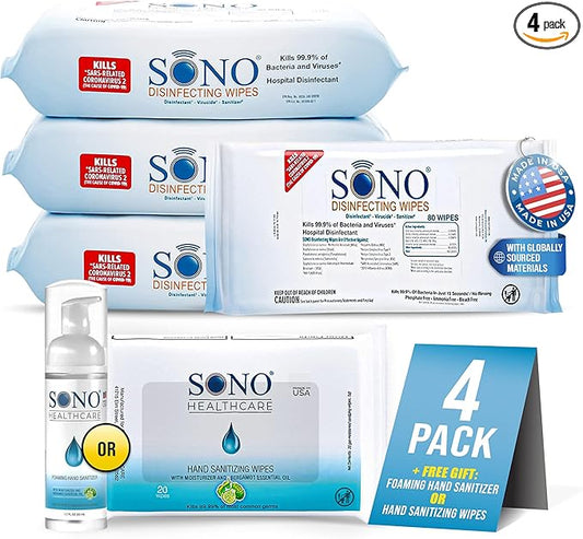 SONO Disinfecting Wipes - Antibacterial, No Alcohol & Bleach, Medical-Grade, All-Purpose - School, Household, Dorm, Salons, Spas, Wellness & Yoga Studios Cleaning Kit - 320 ct (pack of 4) w/Sanitizer