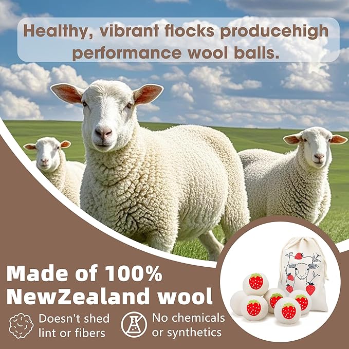 Wool Dryer Balls，New Zealand Wool Laundry Balls for Dryer (Pack of 3, Strawberry Handmade Pattern)，Softens Clothes,Naturally Reduces Drying Time and Static Electricity