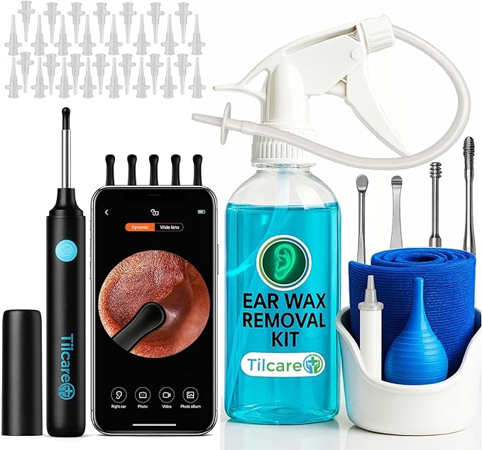 Ear Wax Removal Tool with Ear Camera by Tilcare - Ear Irrigation Flushing System for Adults & Kids - Perfect Ear Cleaning Kit - includes Basin, Syringe, Curette Kit, Towel and 30 Disposable Tips