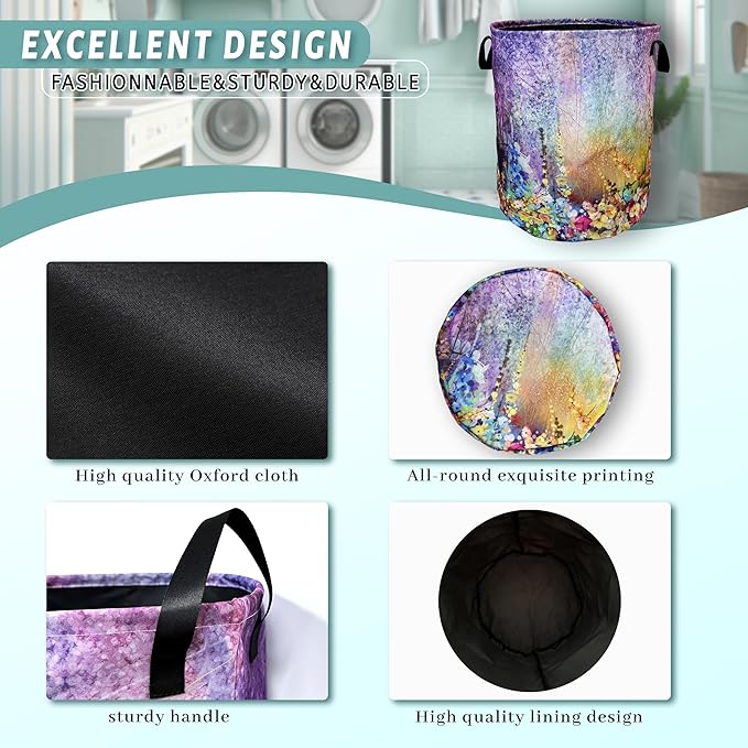 Watercolor Purple Flowers Laundry Basket Foldable With Handles Colorful Tote Bag Oxford Cloth Laundry Hamper Clothes Storage Bucket Toy Organizer 18.9" x 16.5" For Bathroom/Laundry/Bedroom