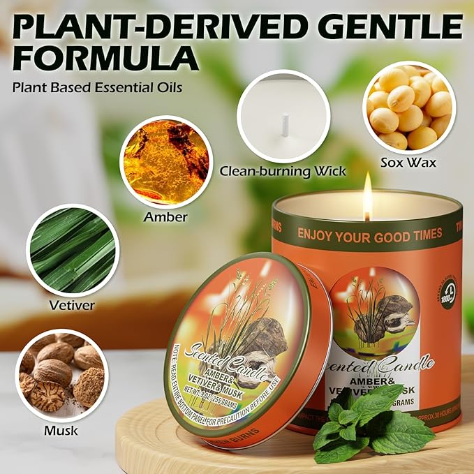 Decorative Candles for Home, Scented Wax, Indoor Use (Amber & Vetiver & Musk)