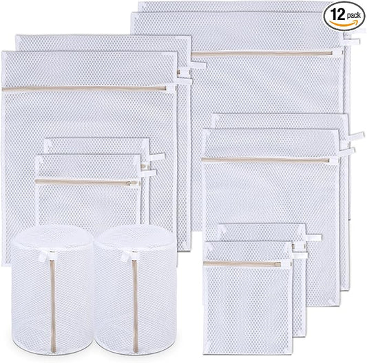 12Pcs Laundry Bags, Mesh Wash Bags, Delicate Laundry Bag with Zipper, Lingerie Bag for Underwear, Clothes, Pants, Shoes, Socks, Hanging Loop and Breathable Fine Net