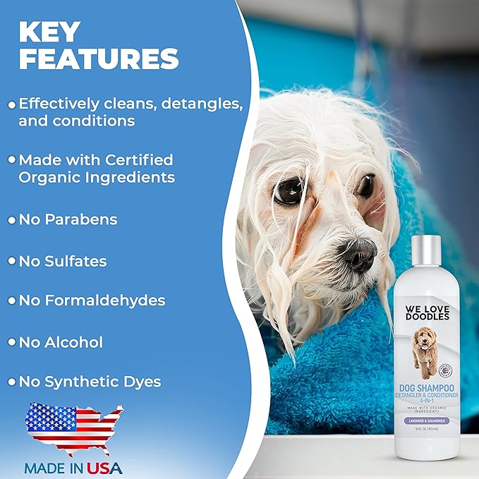 We Love Doodles Grooming Bundle Extra Small Dog Slicker Brush & Lavender USDA Organic Dog Shampoo - for Grooming Pet Hair, Long Pin Brush For Dematting - Sensitive Skin Shampoo for Puppies