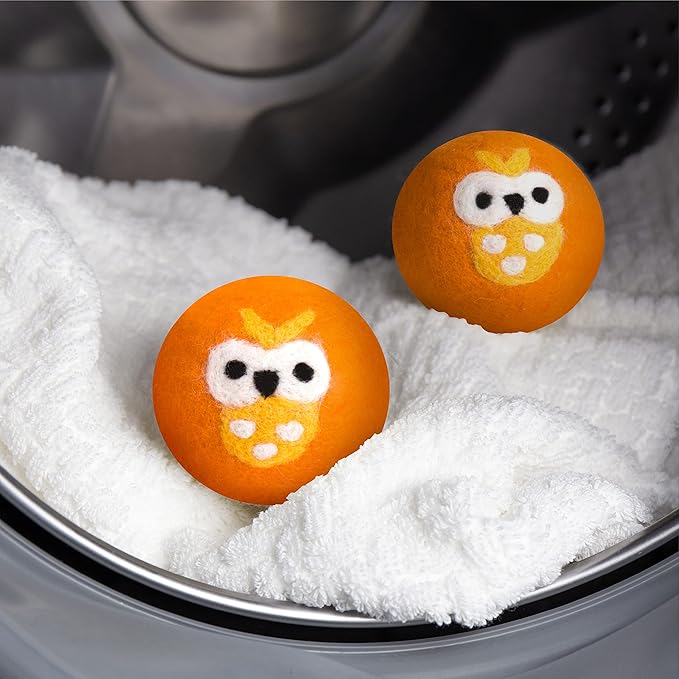 Calindiana 100% Organic Premium New Zealand Wool Dryer Balls Laundry Reusable Fabric Softener, Cute Dryer Sheets Alternative, Anti Static XL Size 6 Pack, Orange Owl
