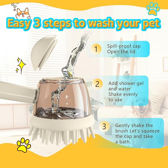 Pet Bath Brush, Dog Bathing Brush,Dog Grooming with Built-in Shampoo Dispenser, Pet Wash Brush for Bathing Dog Grooming Massage Brush for Long Short Haired Dogs Cats Shower Massage Brush(White)