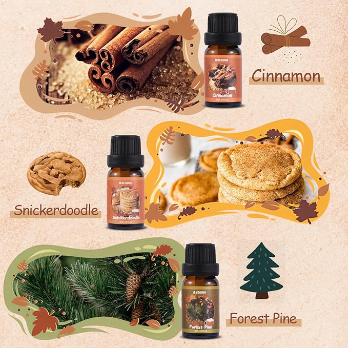 Autumn Fragrance Oils Set, AVEOIRA Fall Essential Oil Set for Diffuser, Candle, Soap Making, Pumpkin Spice, Forest Pine, Spiced Cider, Cinnamon, Vanilla, Snickerdoodle, Scented Oils, 6x10ml