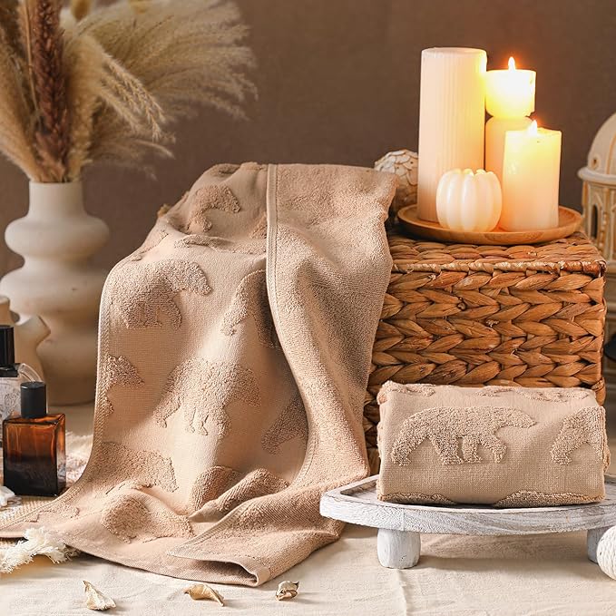 2 Pcs Bear Hand Towels for Bathroom, Brown Cabin Bear Woodland 100% Cotton Absorbent Jacquard Weave Decorative Towels for Bathroom Kitchen Decor Gift, 13.7 x 29.5 Inch