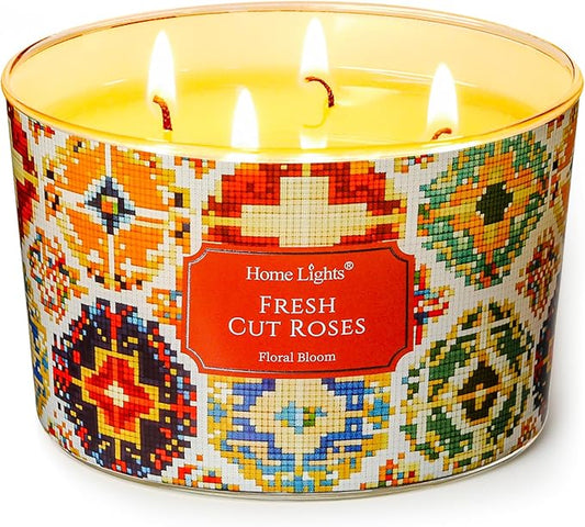 HomeLights 4-Wick Candles for Home Scented - 18oz Soy Wax Blend Candle Long-Lasting Fragrance, Bohemian Natural Textures Home Decor and Housewarming Gifts, Fresh Cut Roses