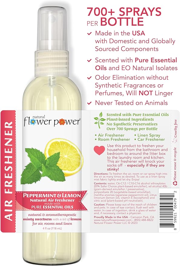 Natural Flower Power Air Freshener Spray - Odor Eliminator w/Essential Oils - Home, Car & Fabric - Cruelty Free & Vegan - Variety Pack - Lavender + Lemongrass + Peppermint & Lemon - 3 x 4 fl oz
