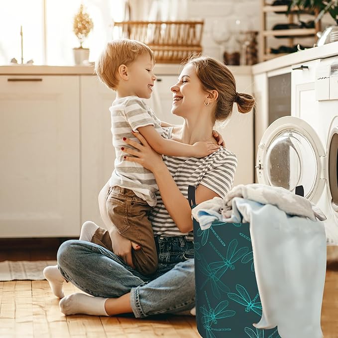 Dragonfly Green Laundry Basket,Waterproof Foldable Laundry Hamper,Dirty Clothes Laundry Basket, Linen Bin Storage Organizer for Toy Collection 16" x 20"
