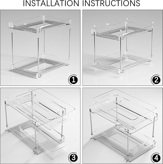 2 Tier Under Sink Organizer, 2 Pack Clear Bathroom Storage Vanity Counter Container, Cabinet Drawers Bins, Pull-Out Storage and Organization with Track for Pantry, Kitchen