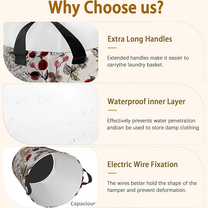 Retro Flower with Plants Laundry Basket,Waterproof Foldable Laundry Hamper,Dirty Clothes Laundry Basket, Linen Bin Storage Organizer for Toy Collection 16" x 20"