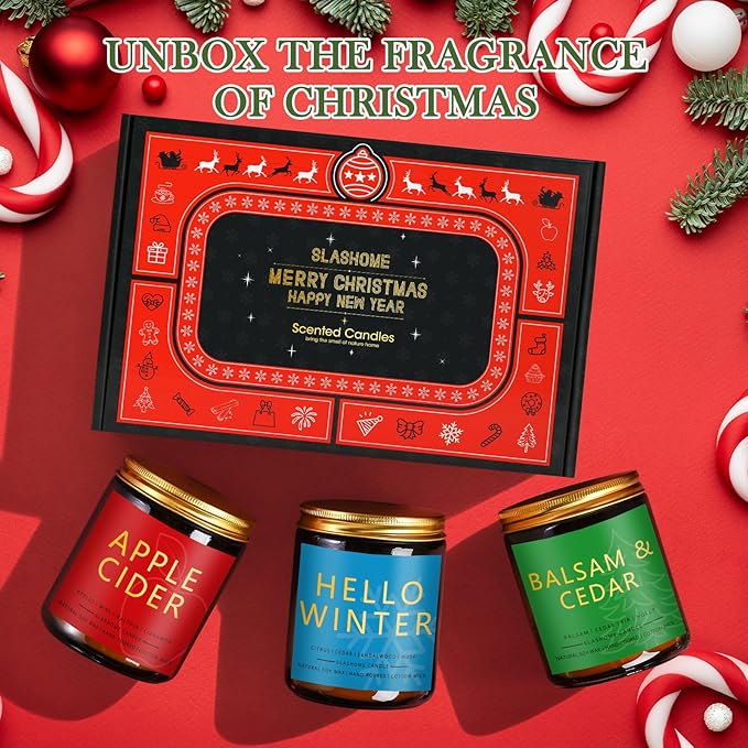 Christmas & Winter Candle Gift Set, 6 Pack 7oz Soy Scented Candles for Home, Holiday & Birthday Gift for Women & Men, Balsam Cedar, Christmas Cookies & Spices, Apple Cider, Hot Cocoa & Hello Winter