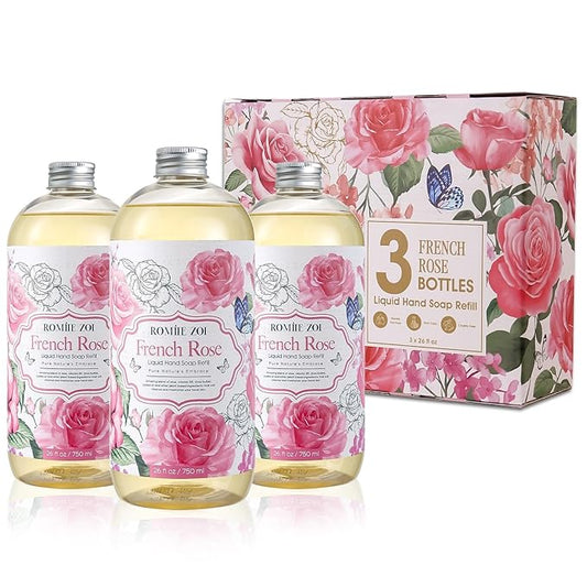 ROMIIE ZOI Rose Liquid Hand Soap Refill Gift Set – 3 Pack (26 Fl Oz Each), Romantic Floral Scent, Moisturizing & Gentle, Biodegradable Formula with Essential Oils for Bathroom, Kitchen