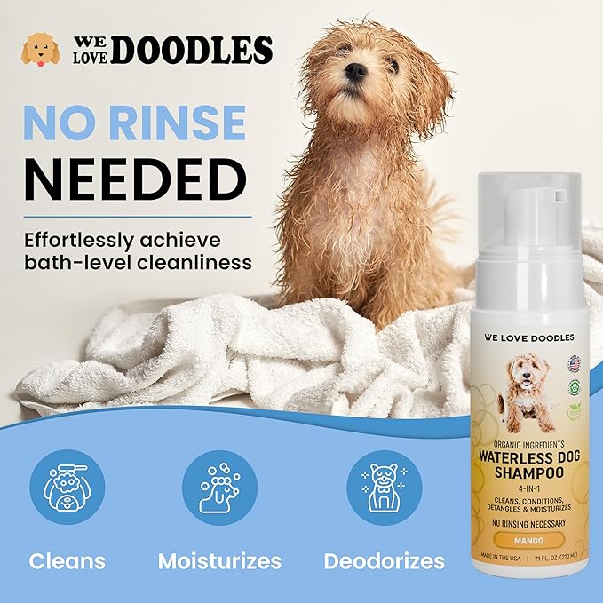 Waterless Dog Shampoo - Over 200+ Sprays Per Bottle - Cleans & Moisturizes Coat, No Rinse Dog Shampoo, Safe Foam Formula & Pet-Friendly Dog Deodorizing Spray, 7.1 oz Parent [We Love Doodles] (Mango)