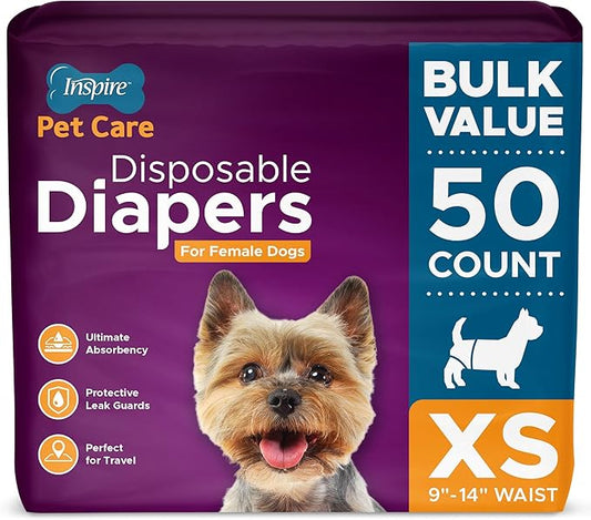 Inspire Pet Care Dog Diapers Female Dogs | Bulk Value Doggie Incontinence, Accidents, for Heat, Pee or Period and Housebreaking (X-Small (50 Count))