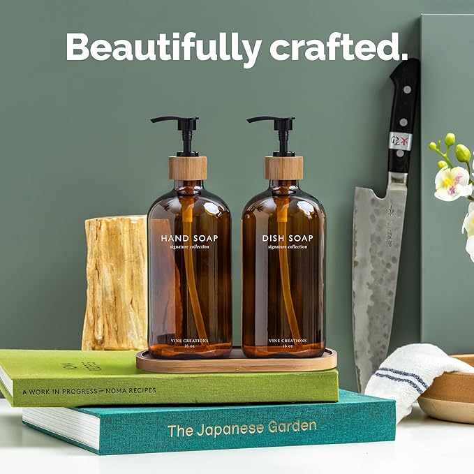 Vine Creations Amber Glass Soap Dispenser Set, Hand Soap and Dish Soap Dispenser Set with Bamboo Tray, 16 oz Glass Dispensers Bottle for Kitchen and Bathroom Decor Modern Boho with Bamboo Pump (Amber)